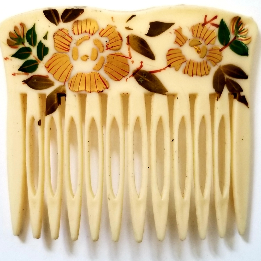 Vintage Estate 1950s Hand Painted Faux Ivory Floral Hawaiian Haircomb 3.25"